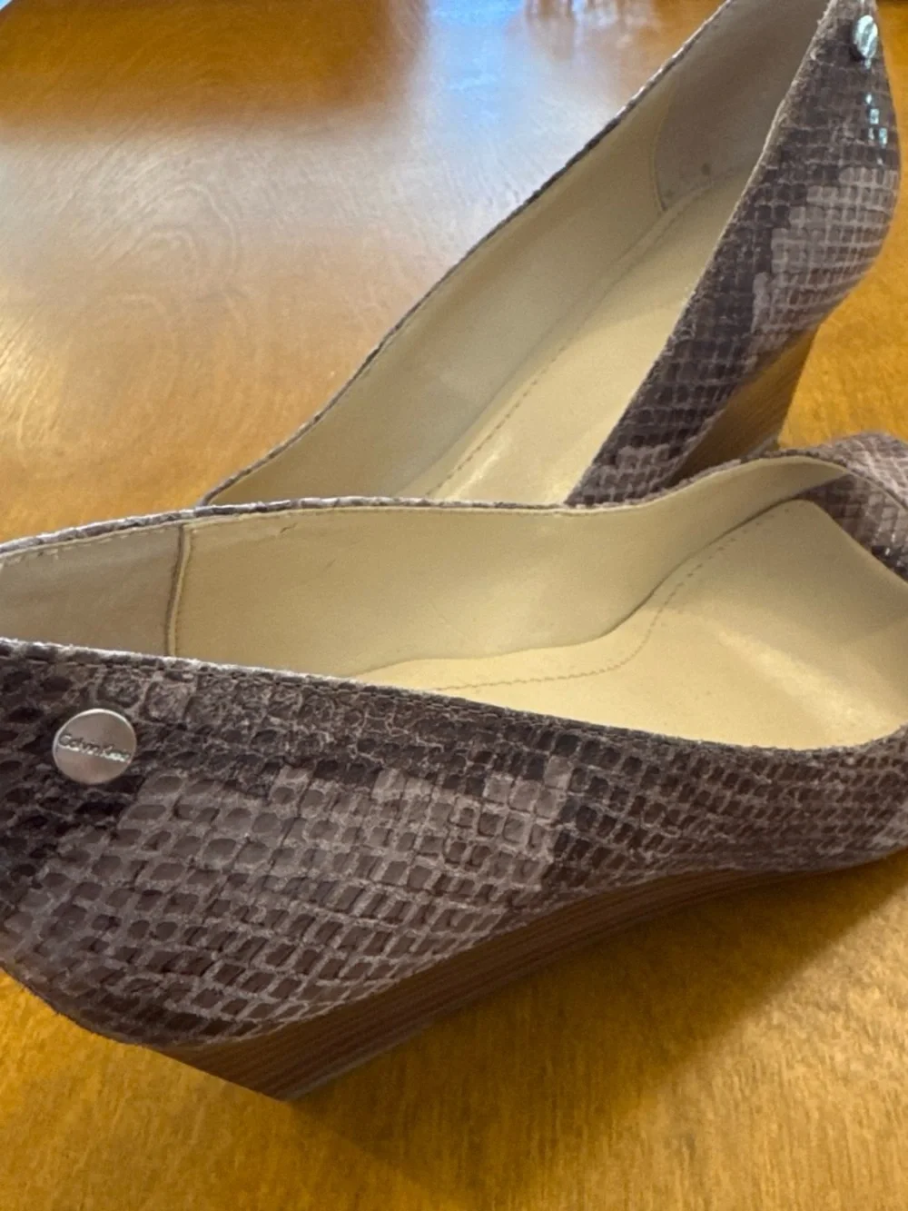 Calvin Klein Gray Snakeskin Wedge Peep-Toe Pumps